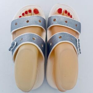 Crocs Iconic Women's Classic Two Strap Slide Sandals White Silver Glitter W Sz 6